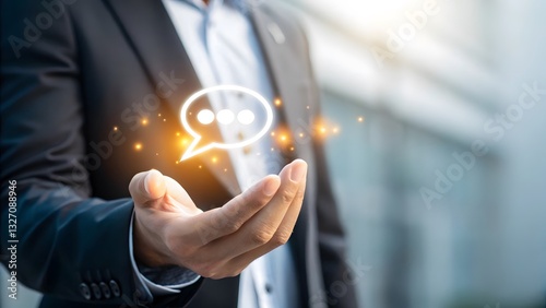 A businessman's hand holding a glowing chat icon, symbolizing collaboration and advanced business strategies