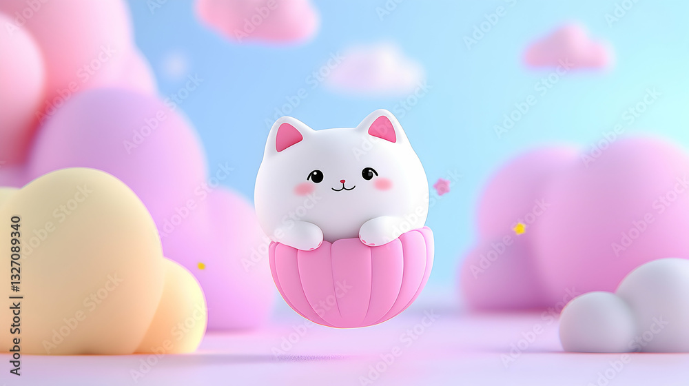 Playful White Cat in Pink Shell Among Pastel Clouds Playful White Cat in Pink Shell Among Pastel Clouds
