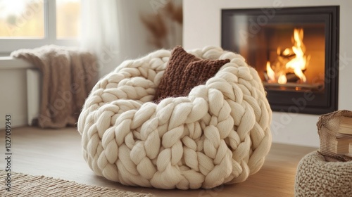 Cozy Knitted Bean Bag by Fireplace