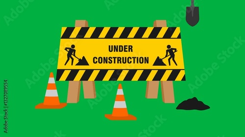 animated traffic warning sign board for construction zone. animation footage video isolated on green background with alpha channel(transparent).