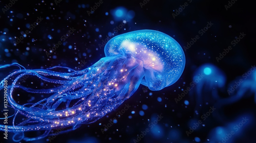 Fototapeta premium Glowing Jellyfish in Deep Ocean (1)