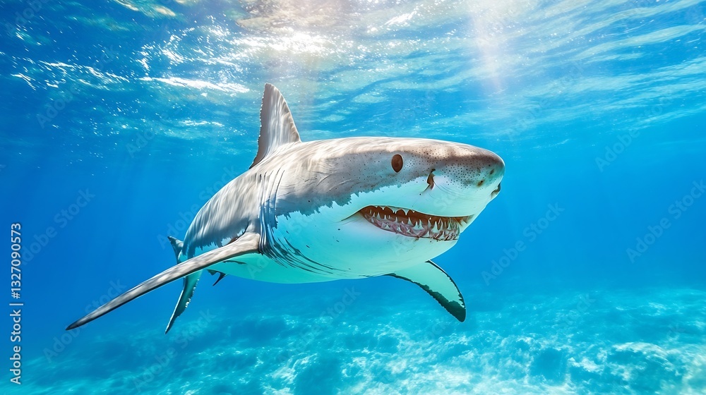 Fototapeta premium Majestic great white shark swimming gracefully in clear blue ocean waters : Generative AI