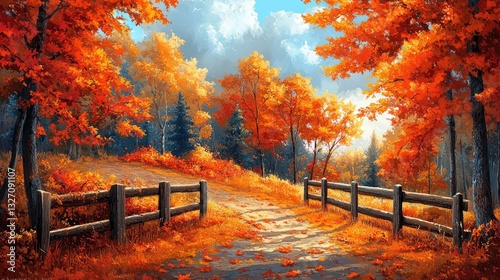 Autumn path, forest scene, sunlight, leaves, fall