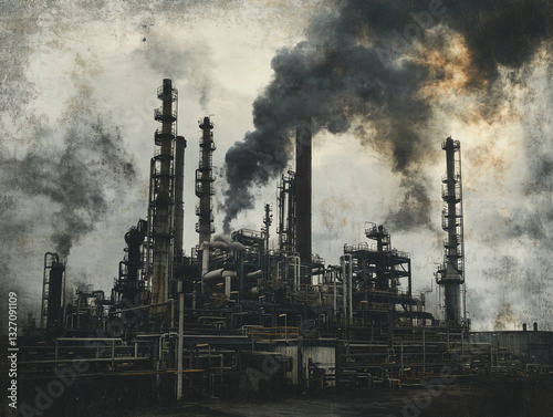 An industrial refinery with numerous smokestacks emitting thick black and gray smoke, indicating heavy pollution. The scene highlights environmental concerns related to industrial emissions.