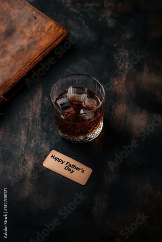 Whiskey glass with ice on dark surface. Father's Day celebration greeting card photo
