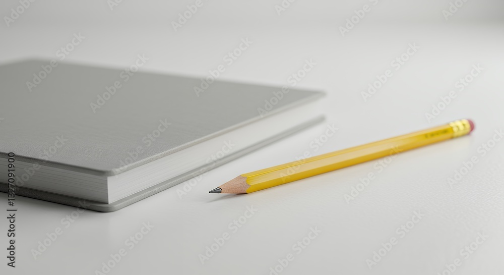Gray Notebook and Yellow Pencil on White Surface: A Minimalist Study Still Life Gray Notebook and Yellow Pencil on White Surface: A Minimalist Study Still Life