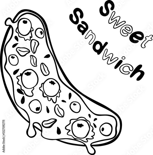 Sweet sandwich illustration in doodle style. Vector outline illustration with berry and cheese. Hand drawn. Isolated on white background