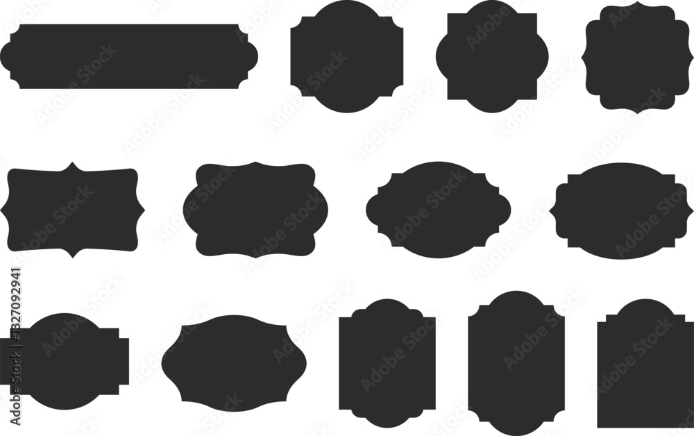 Vintage label collection with ornate frames and elegant silhouettes. Decorative badge shapes for product packaging, branding and logo design. Vector templates set with blank, empty space