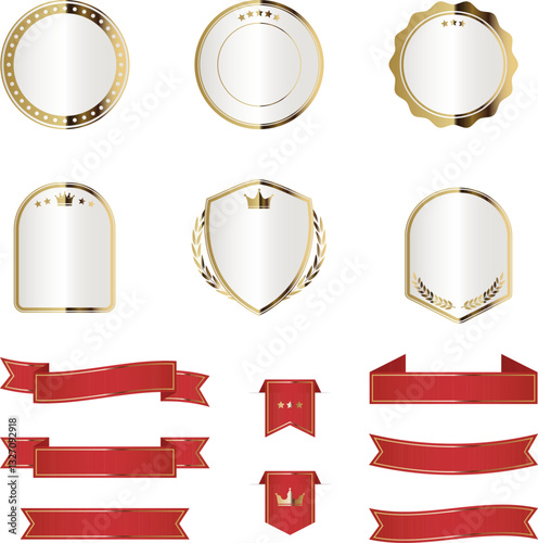 Elegant white and gold badges with red ribbons for premium branding and awards. Seals for certificates, product labels and exclusive promotions. Set of high quality vector designs
