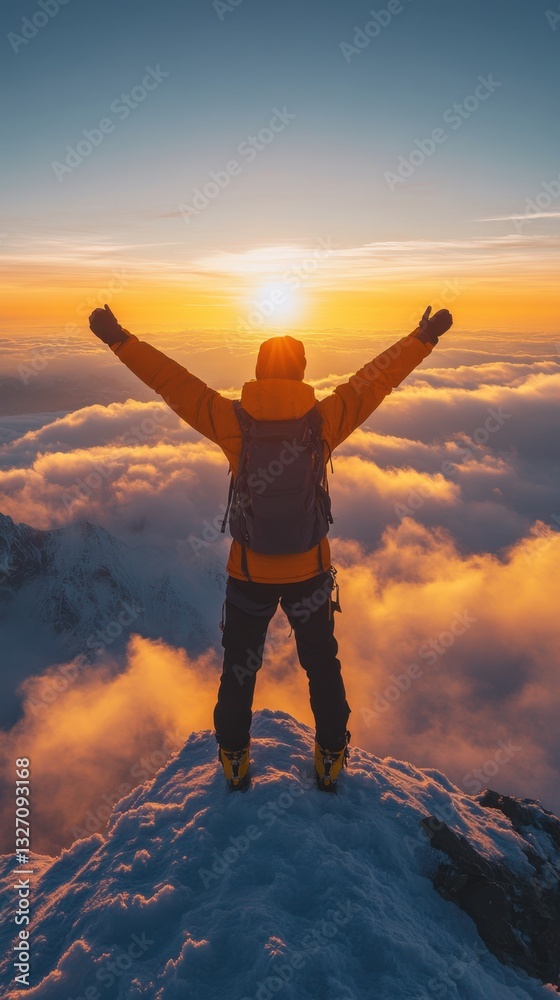 Adventurous Climber Reaching Mountain Peak at Sunrise Embracing Success Above the Clouds with Warm Light and Breathtaking Scenery Inspiring Achievement Adventurous Climber Reaching Mountain Peak at Sunrise Embracing Success Above the Clouds with Warm Light and Breathtaking Scenery Inspiring Achievement