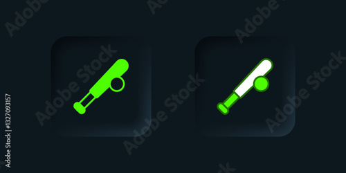 Green Baseball bat with ball icon isolated on black background. Black square button. Vector