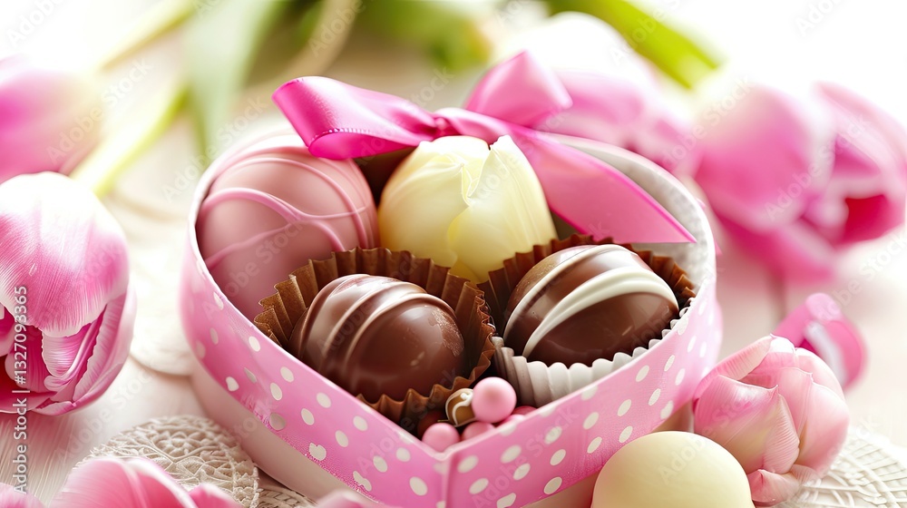 Pink tulips in a heart-shaped box with a ribbon and chocolates Pink tulips in a heart-shaped box with a ribbon and chocolates