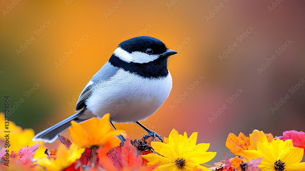 Obraz premium Small Bird in Autumn Flower Meadow