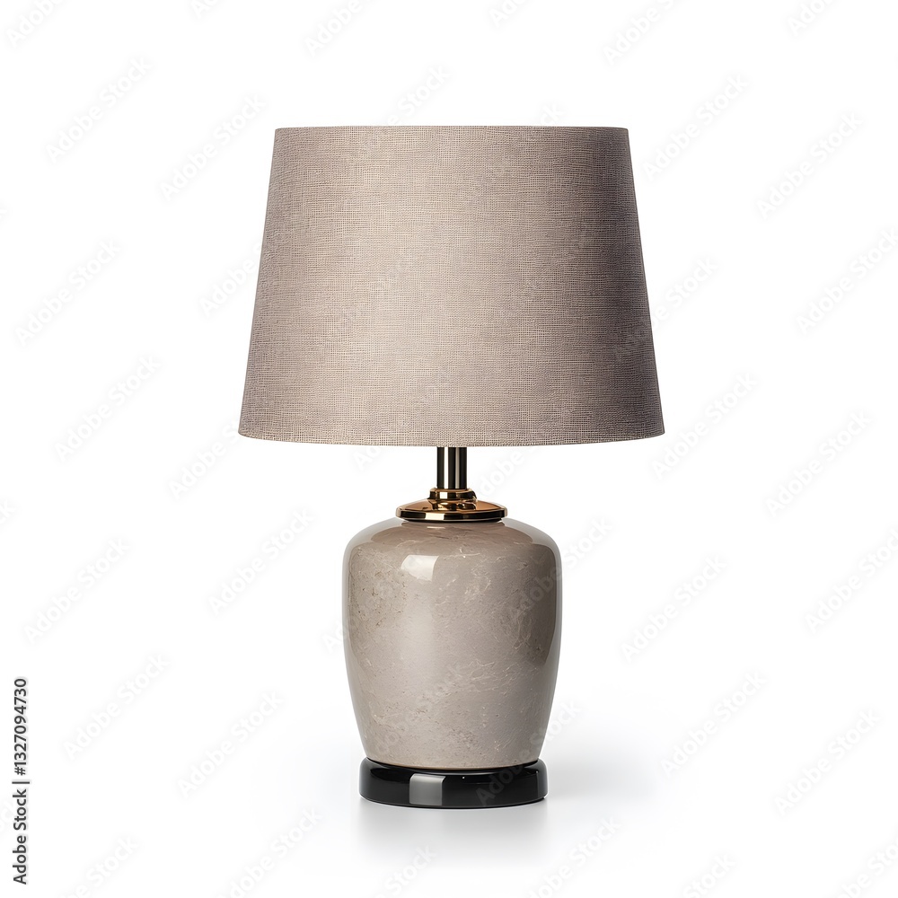 Beige ceramic table lamp, illuminated, studio, white background, home decor Beige ceramic table lamp, illuminated, studio, white background, home decor