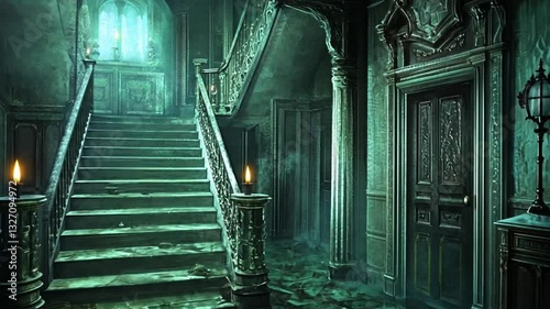 A hauntingly beautiful staircase in a dimly lit, abandoned mansion with eerie shadows