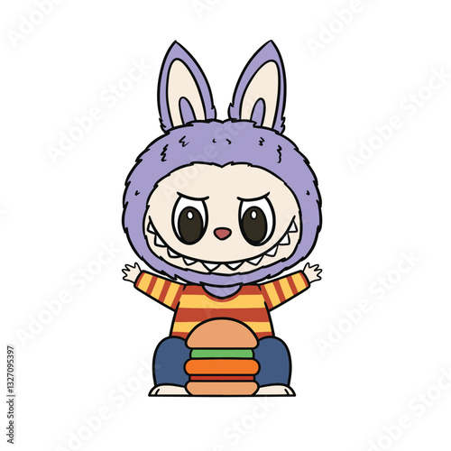 cute the monster bunny with burger vector illustration. sticker and keychain