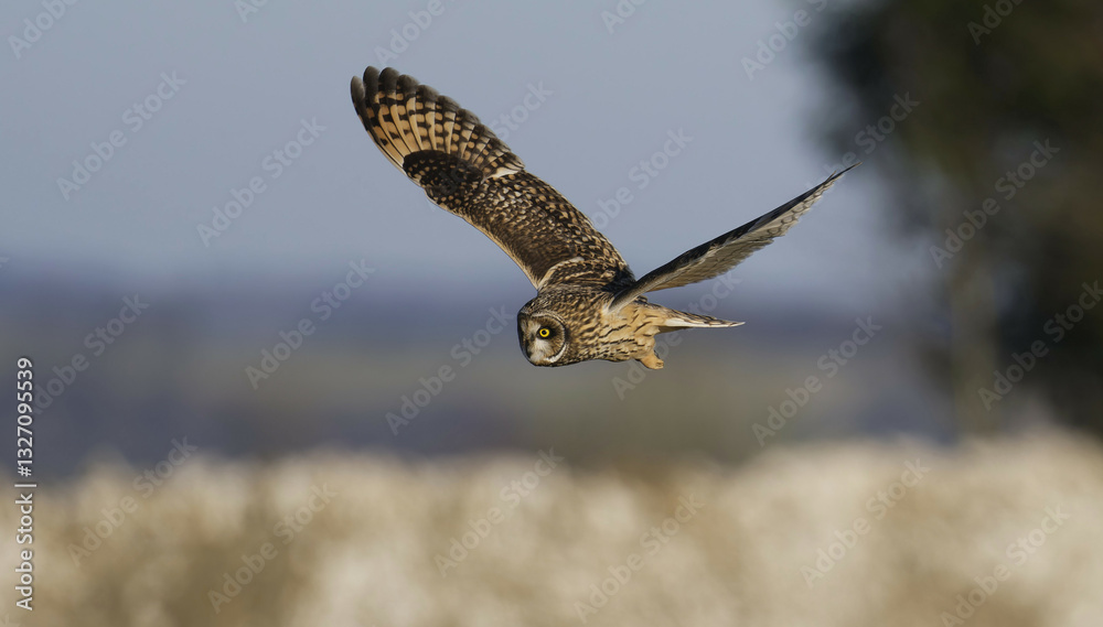 Fototapeta premium Short-eared owl hunting over the Cotwolds, Gloucestershire, UK