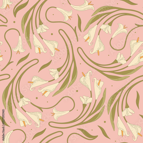 Elegant pastel seamless pattern in Art Nouveau style. Calla flower print. Vector.