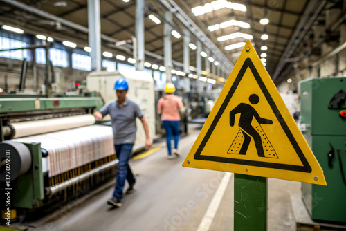 Wallpaper Mural A busy industrial setting with workers walking past a caution sign indicating ongoing construction or maintenance activities. Torontodigital.ca