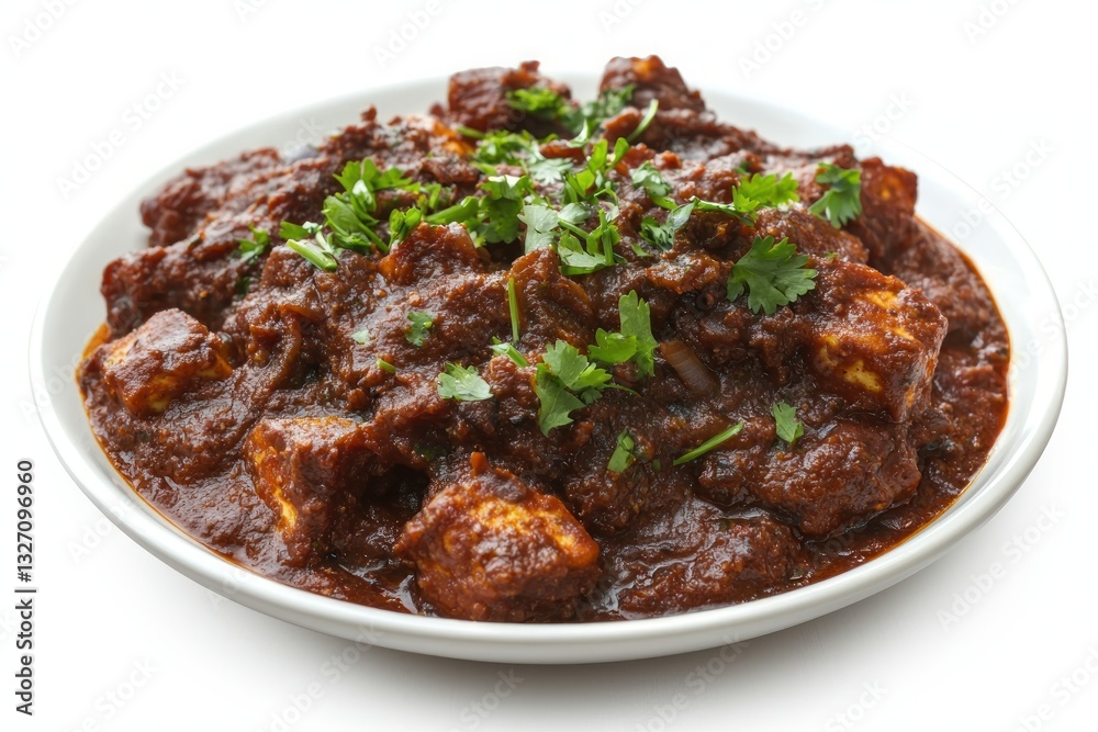 Delicious Indian paneer butter masala in a white bowl garnished with fresh cilantro leaves Delicious Indian paneer butter masala in a white bowl garnished with fresh cilantro leaves
