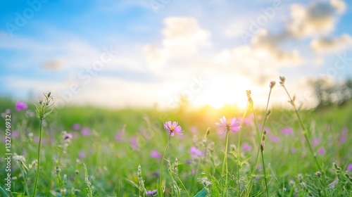 Beautiful Field of Wildflowers Under a Vibrant Blue Sky at Sunset : Generative AI