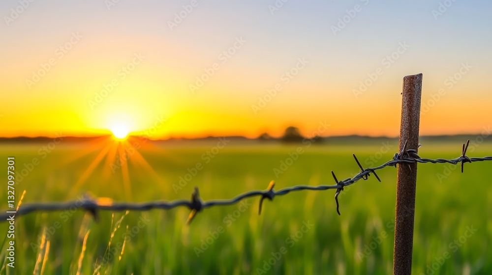 Fototapeta premium Serene sunset over a green field with barbed wire fence in the foreground, evoking tranquility