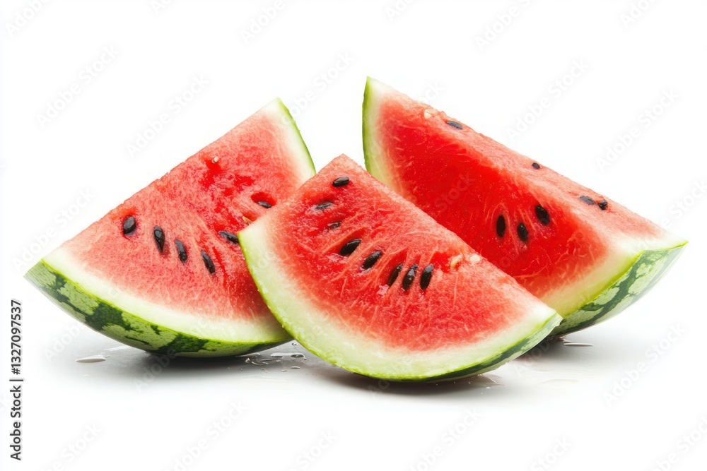 Slices of Vibrant Watermelon Displaying Freshness and Juiciness on Pristine White Setting Ready to Eat Slices of Vibrant Watermelon Displaying Freshness and Juiciness on Pristine White Setting Ready to Eat