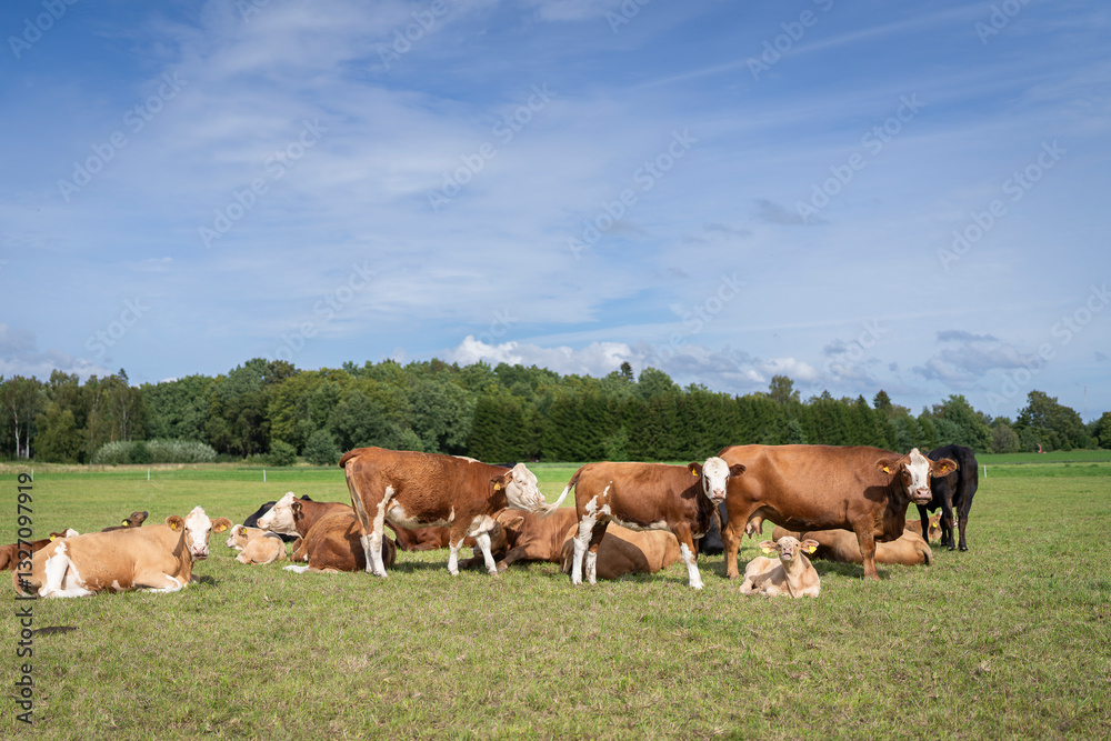 Hereford cattle grazing on a pasture on coastal meadow. Hereford cattle cows and calves in the summer on a rural field. Selective focus. Hereford cattle grazing on a pasture on coastal meadow. Hereford cattle cows and calves in the summer on a rural field. Selective focus.