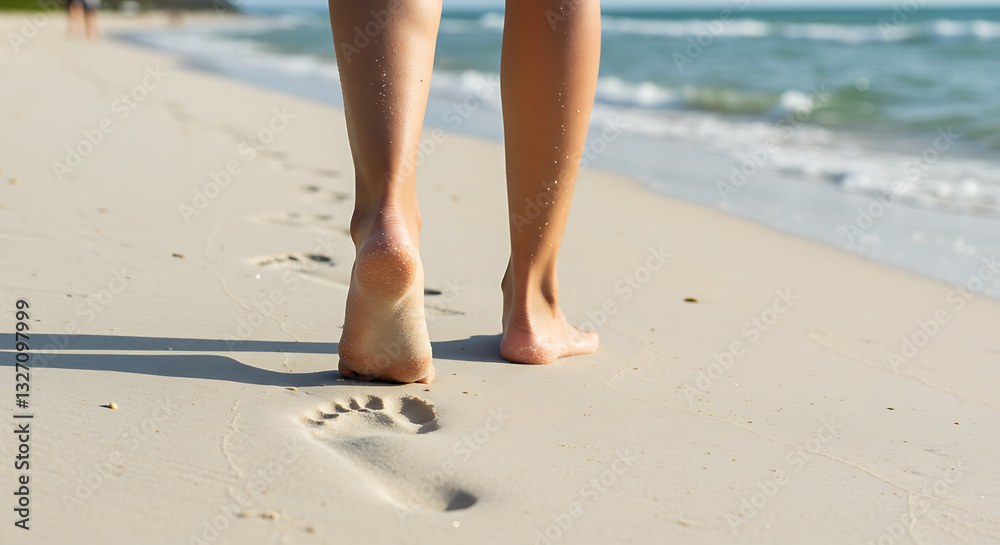 Close-Up of Barefoot Walking on Sandy Beach with Footprints Close-Up of Barefoot Walking on Sandy Beach with Footprints
