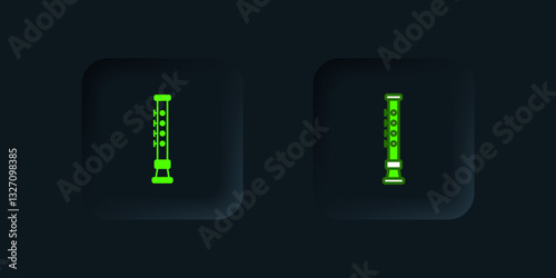 Green Flute icon isolated on black background. Musical instrument. Black square button. Vector