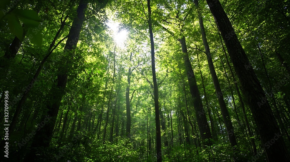 Fototapeta premium Sunlight Streaming Through Lush Green Trees in Serene Forest Landscape : Generative AI
