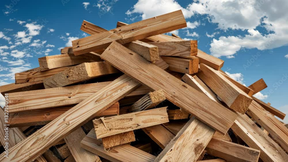 A towering stack of timber sits against a picturesque blue sky, dotted with fluffy white clouds during the bright daylight hours A towering stack of timber sits against a picturesque blue sky, dotted with fluffy white clouds during the bright daylight hours