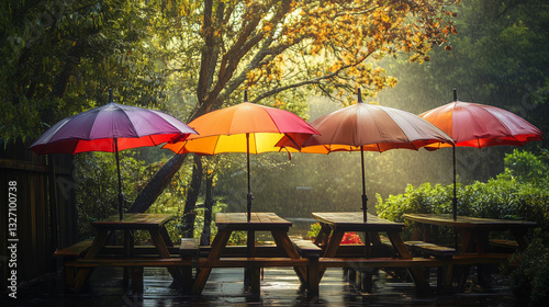 Wallpaper Mural Charming outdoor scene featuring colorful umbrellas over picnic tables in the rain, surrounded by lush greenery creating a cozy atmosphere with copy space Torontodigital.ca