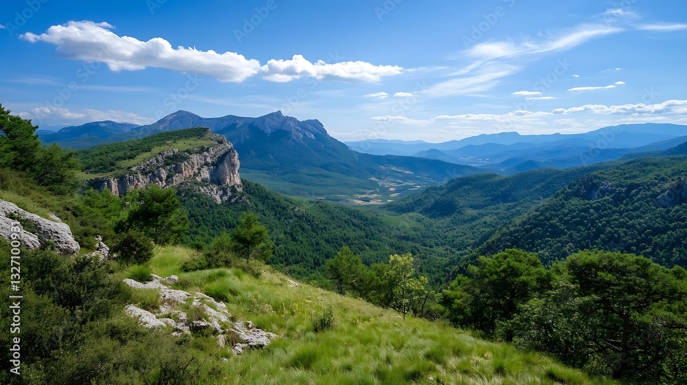 Breathtaking panoramic view of a lush green valley surrounded by majestic mountains under a clear blue sky : Generative AI Breathtaking panoramic view of a lush green valley surrounded by majestic mountains under a clear blue sky : Generative AI
