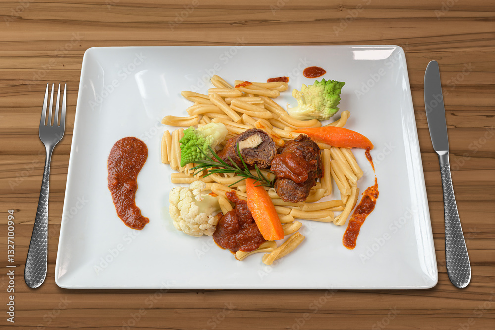 italian beef roulades with winter vegetables and pasta