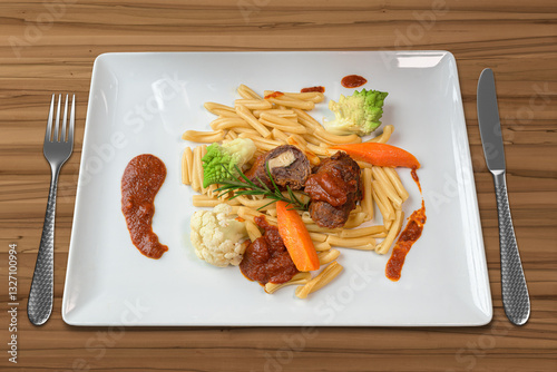 Obraz na płótnie italian beef roulades with winter vegetables and pasta w salonie