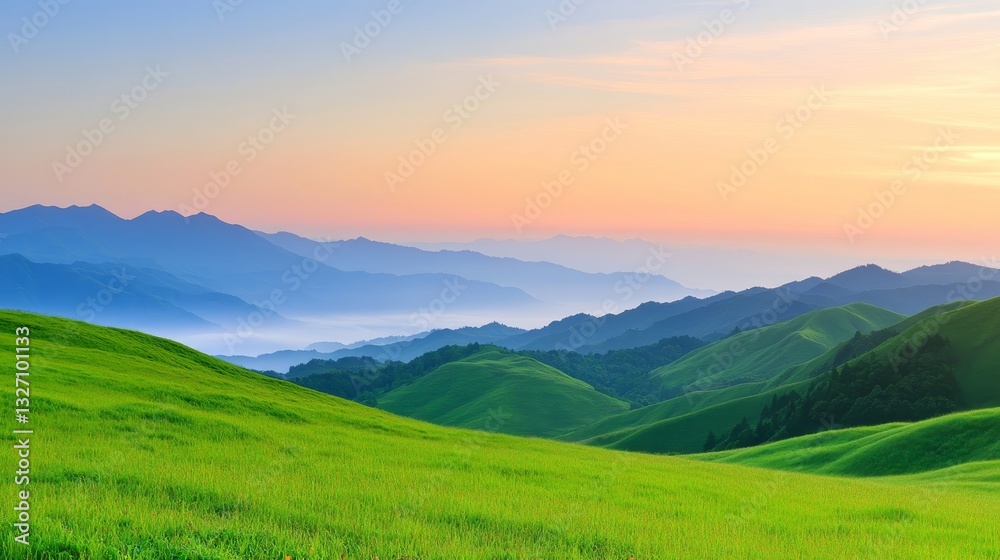 Obraz premium Serene landscape at dawn with rolling green hills and distant mountains under a colorful sky