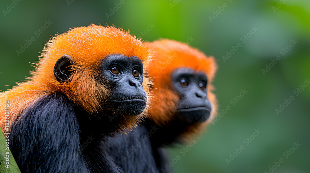 Two Red-Orange Furred Monkeys in Rainforest Setting Two Red-Orange Furred Monkeys in Rainforest Setting