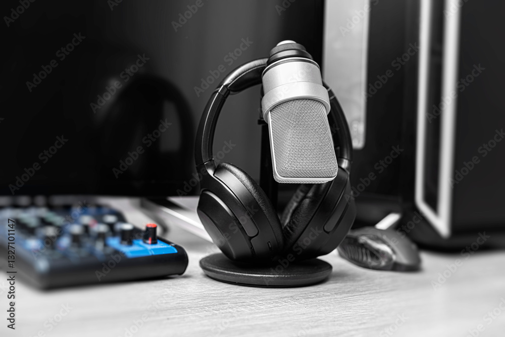 A professional condenser microphone on a desktop stand is set up in a modern gaming and recording workstation, surrounded by a computer monitor, keyboard, and gaming peripherals.