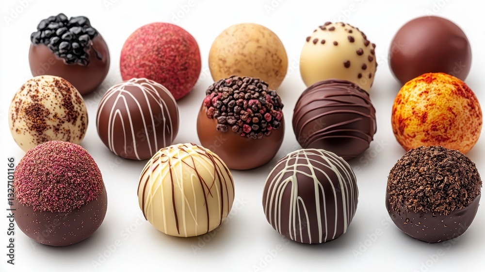 A diverse selection of artisanal chocolates isolated on a crisp white background showcasing unique flavors and textures A diverse selection of artisanal chocolates isolated on a crisp white background showcasing unique flavors and textures