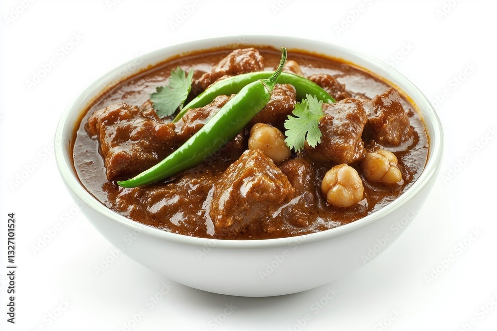 Delicious and Authentic Bowl of Spicy Chana Masala with Green Chilies and Cilantro Garnishes Close Up Delicious and Authentic Bowl of Spicy Chana Masala with Green Chilies and Cilantro Garnishes Close Up