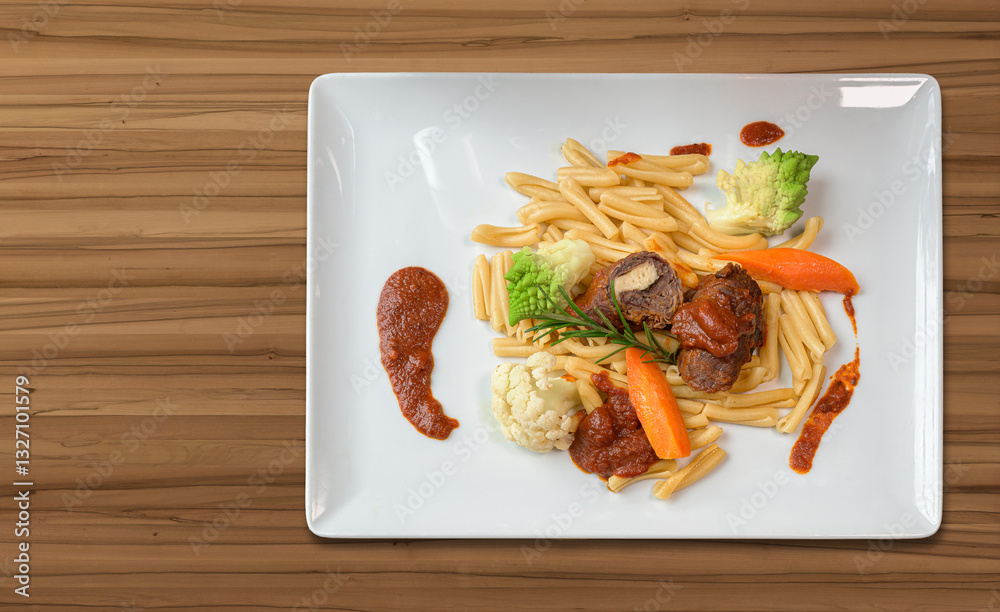 italian beef roulades with winter vegetables and pasta