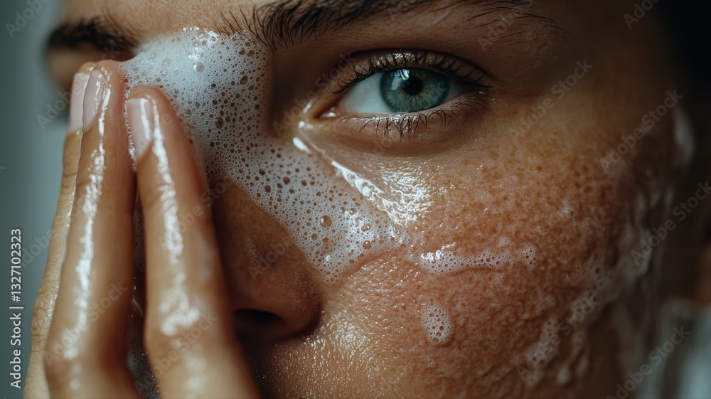 Obraz premium Close-Up of Woman's Face with Luxurious Foaming Cleanser, Hand Massaging Bubbles, Soft Ethereal Lighting, Emphasizing Radiant Skin - Ideal for Beauty and Self-Care Campaigns