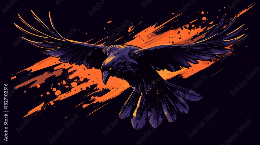 Fototapeta premium Majestic raven in flight with artistic splatter design for modern decor and inspiration