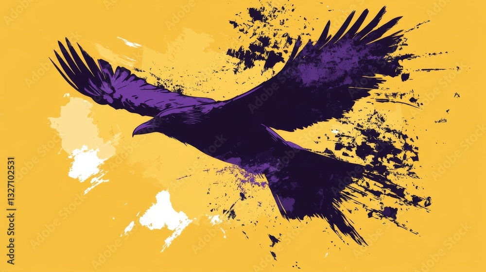 Fototapeta premium Abstract illustration of a purple raven in flight with artistic paint splashes on yellow background