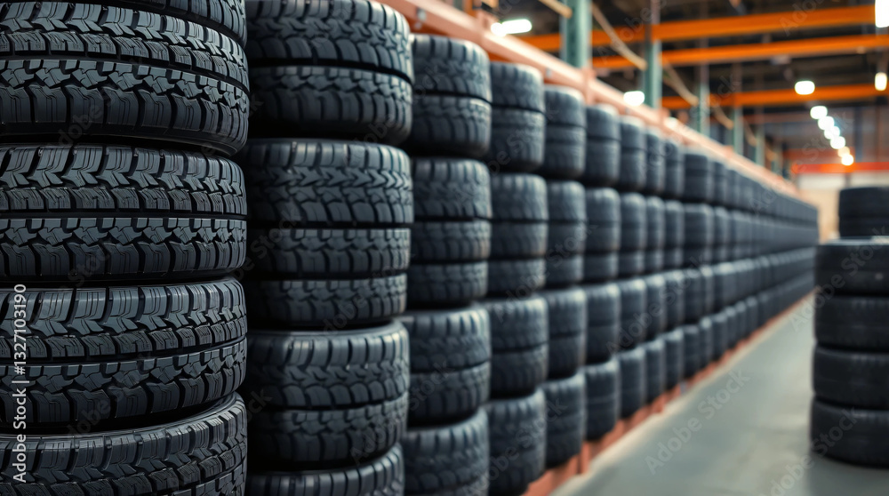 Well organized stacks of tires arranged on the tire rack Well organized stacks of tires arranged on the tire rack