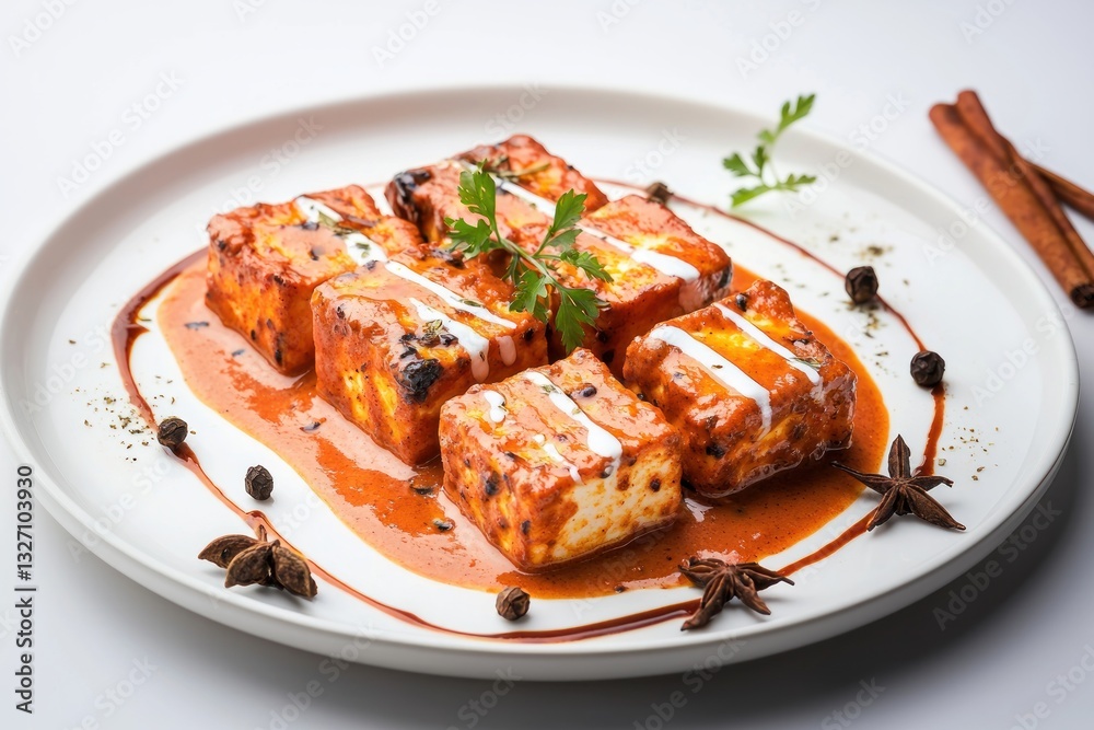 Appetizing Indian Paneer Tikka with Creamy Sauce on Elegant Plate a Visual Feast for Food Bloggers Appetizing Indian Paneer Tikka with Creamy Sauce on Elegant Plate a Visual Feast for Food Bloggers