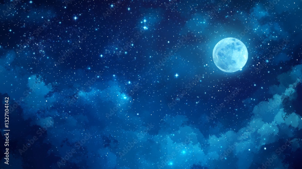 Fototapeta premium Tranquil night sky with full moon and stars for dreamy ambience in celestial design