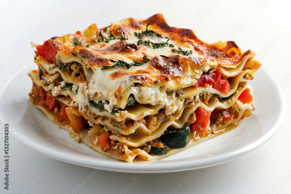 Traditional Italian lasagna layered with meat tomato sauce fresh mozzarella cheese and zucchini plated on white Traditional Italian lasagna layered with meat tomato sauce fresh mozzarella cheese and zucchini plated on white
