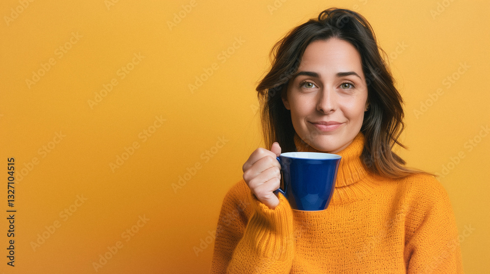 Warm Sip and Smile: A charming woman with a serene expression, cradles a blue mug, offering a moment of peaceful contemplation against a background of golden warmth. Warm Sip and Smile: A charming woman with a serene expression, cradles a blue mug, offering a moment of peaceful contemplation against a background of golden warmth.